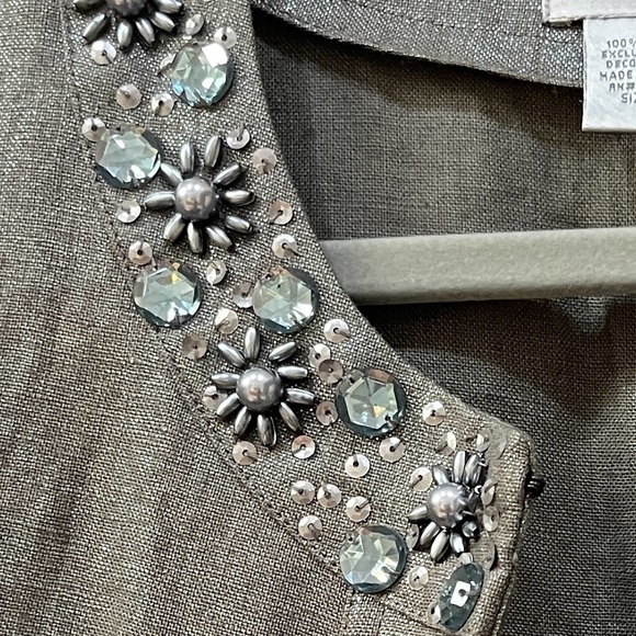 Chico’s 100% Linen Taupe Metallic Open Front Jacket Jeweled Neckline Sz S - Picture 11 of 11